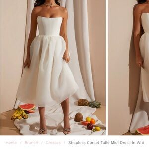 Elegant Strapless White Midi Dress
